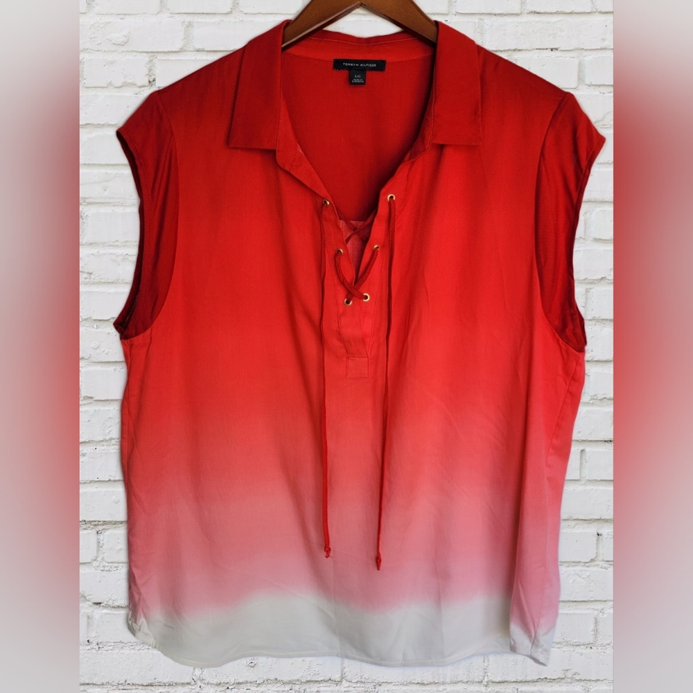 Tommy Hilfiger top size L/G. Red hombre cap sleeve criss-cross tie neckline.